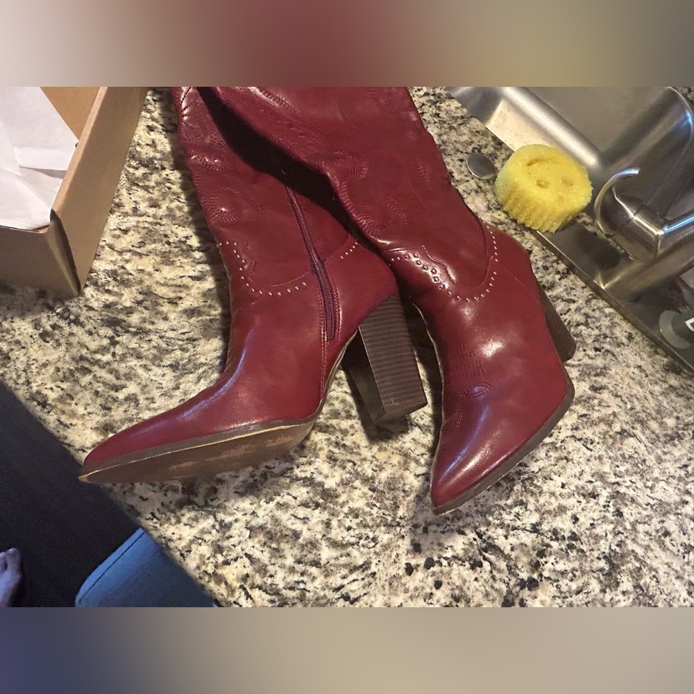 VOMIRA Knee High Cowboy Boots Pointed Toe Chunky Western Wide Calf Cowgirl Boots - Picture 5 of 16